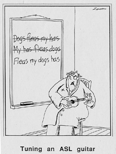 Man tunes guitar, while chalkboard reads, 'Dogs fleas my has' crossed out, then 'My has fleas dogs' crossed out, then finally 'Fleas my dogs has.'