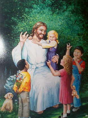 Jesus sitting with a group of children; he and they are helding up the ILY handshape